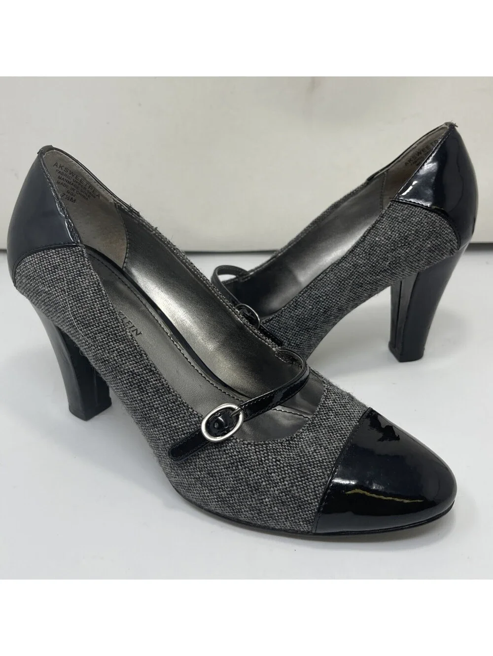 Anne Klein Mary Jane Heel Women's 7.5 SWEET PEA Black Fabric Patent Pump 3.5